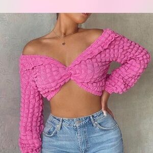 Pink Off-Shoulder Textured Women's Top